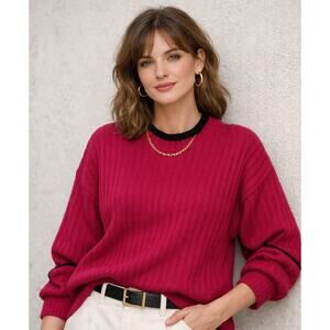 Lauren Brooke Ribbed Magenta Sweater Black Trim | 90s Vintage Quiet Luxury Knit